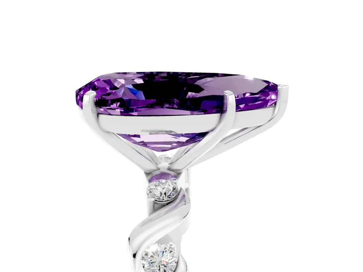 Pear Cut Amethyst Solitaire Twisted Band with Round Accents and Prong Setting Silver