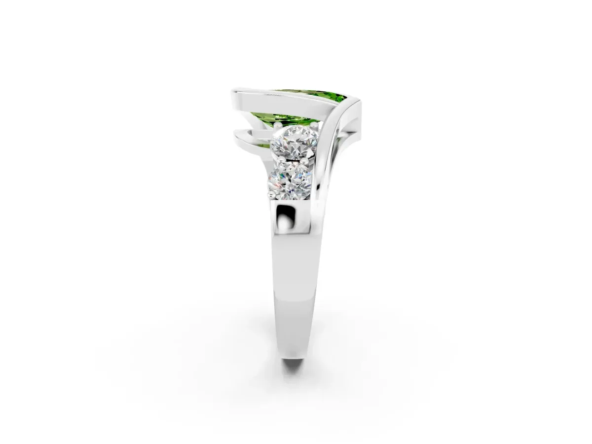 Bezel Set Pear Cut Peridot Bypass Ring with Round Accents Platinum