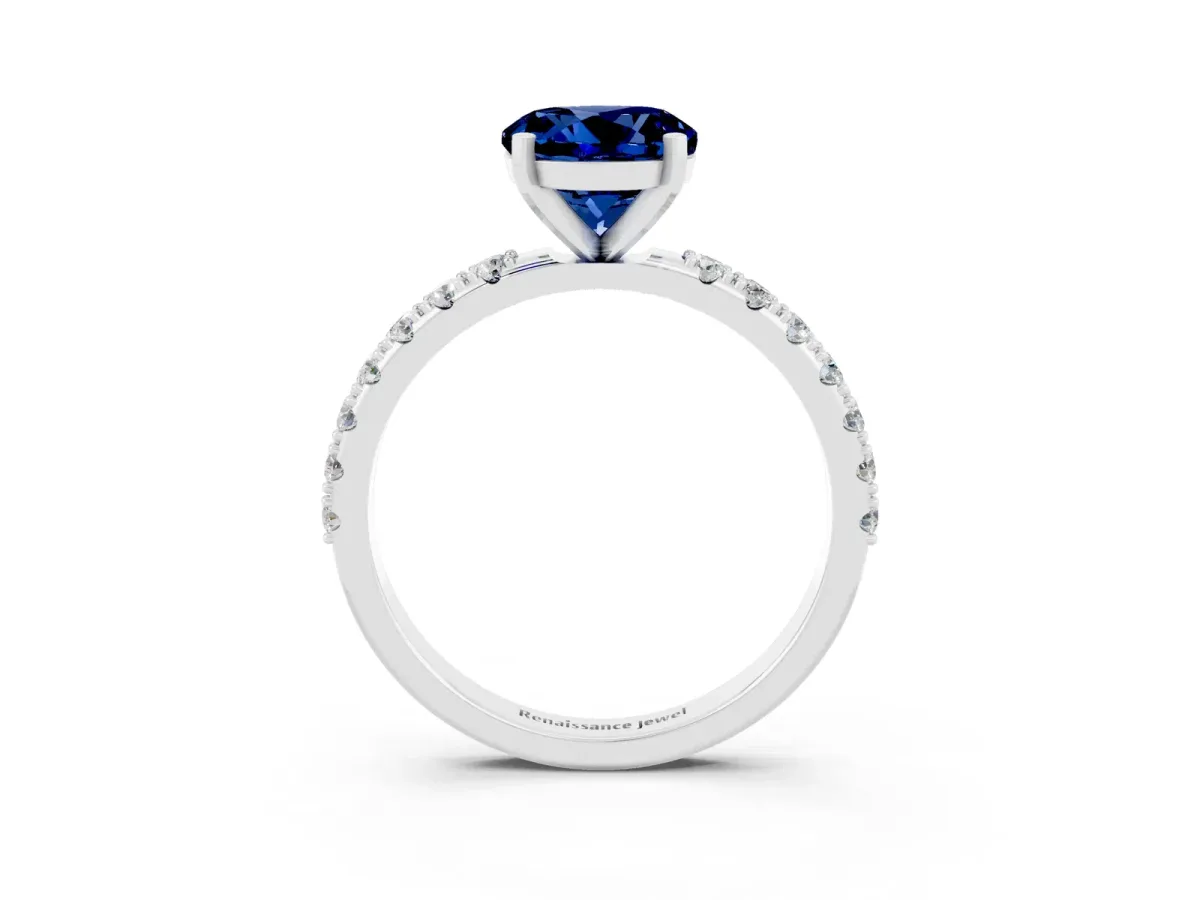 Round Cut Blue Sapphire Solitaire Pavé Band with Four-Prong Setting Silver