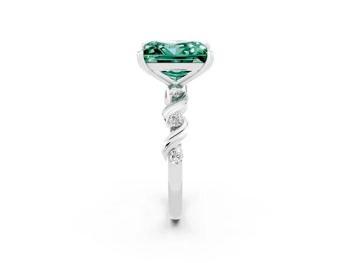 Princess Cut Green Sapphire Solitaire Twisted Band with Round Accents and Prong Setting Platinum