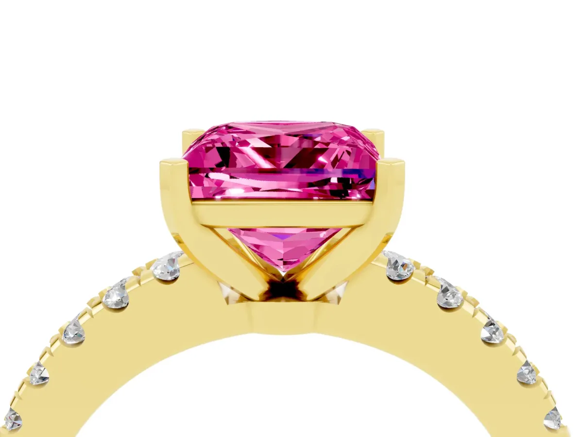 Princess Cut Solitaire Pink Sapphire with Pavé Band and Four-Prong Setting Yellow gold