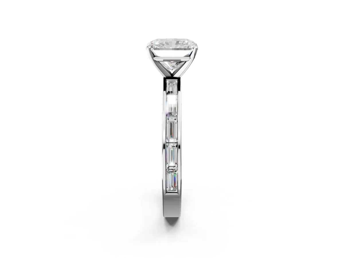 Radiant Cut Solitaire Diamond Ring with Channel-Set Baguette Band and Four-Prong Setting White gold