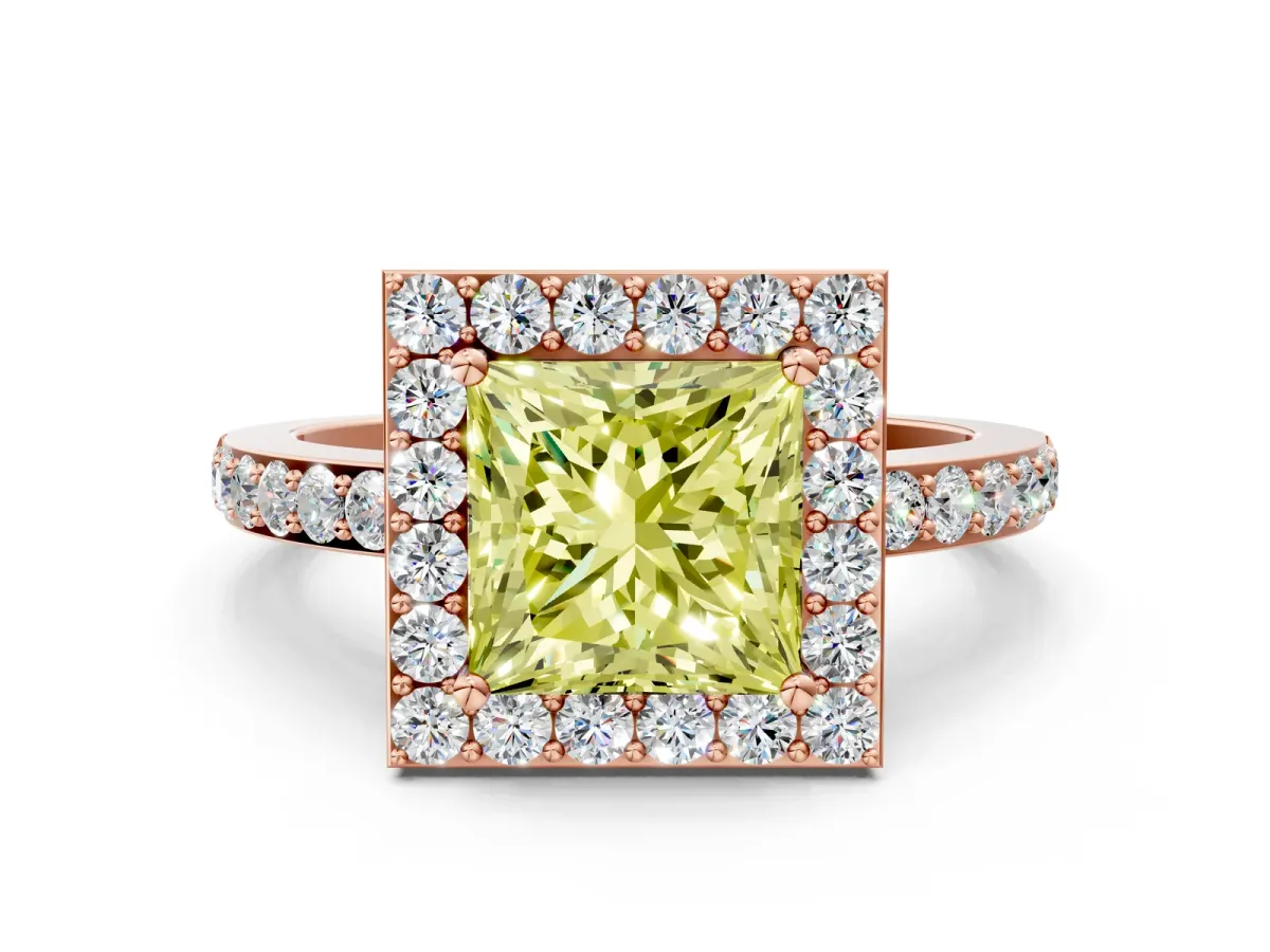 Fancy Yellow Princess Cut Halo Diamond Pavé Band Ring with Prong Setting Rose gold