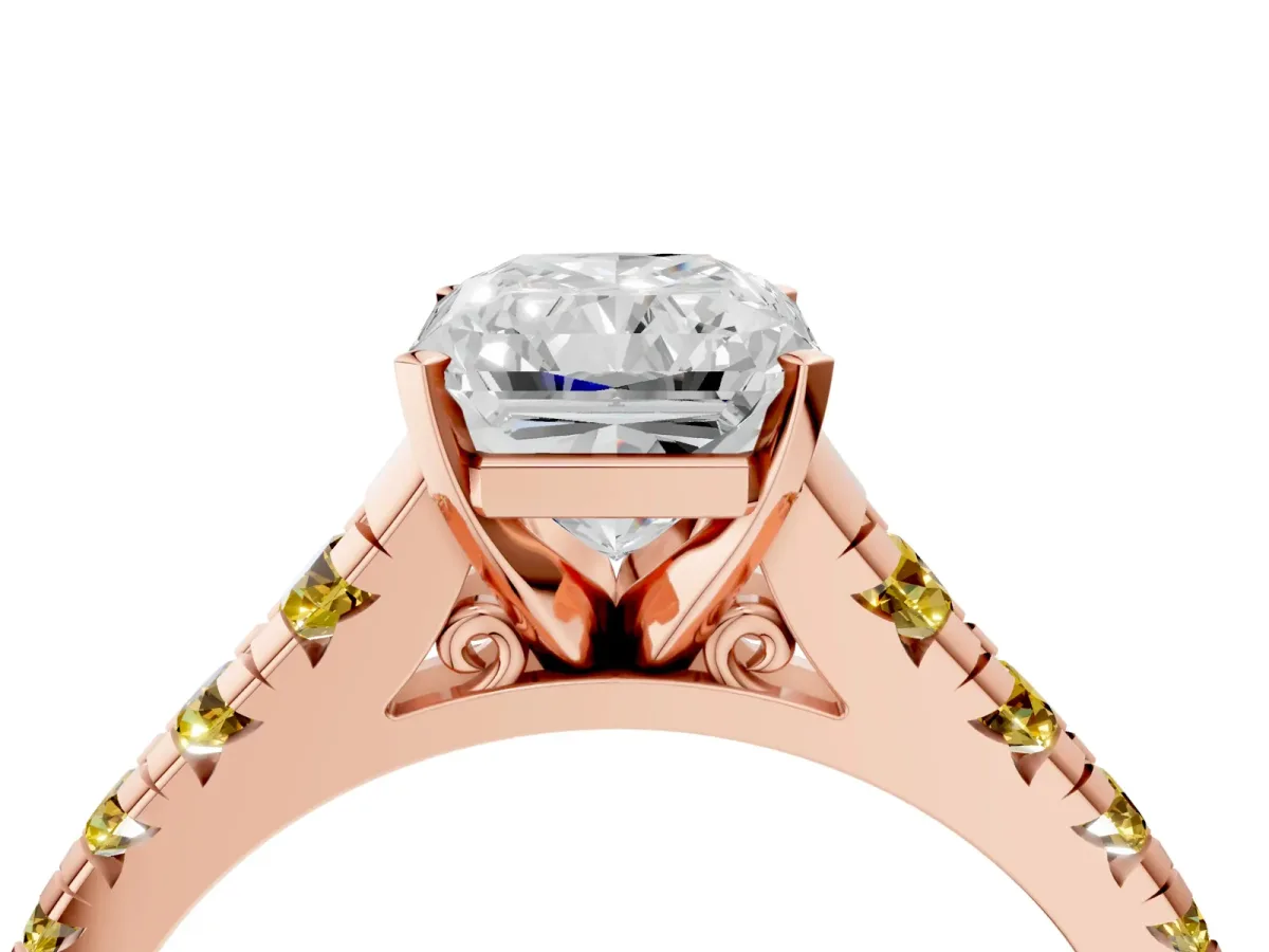 Radiant Cut Diamond Cathedral Solitaire Ring with Round Yellow Sapphire Pavé Band Rose gold