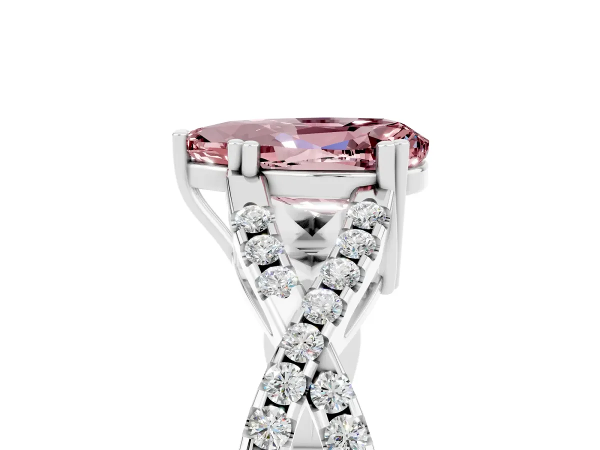 Pear Cut Morganite Solitaire Ring with Four-Prong Setting and Twisted Pavé Band Platinum