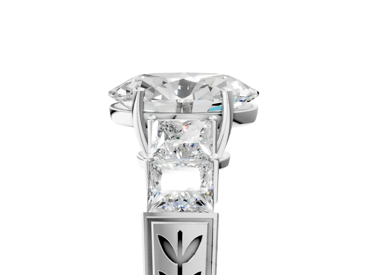 Oval Cut Solitaire Princess Side Stone Engraved Band Prong Setting Ring White gold