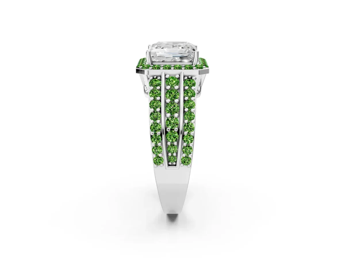 Princess Cut Halo Diamond Ring with Round Peridot Split Shank and Prong Setting White gold