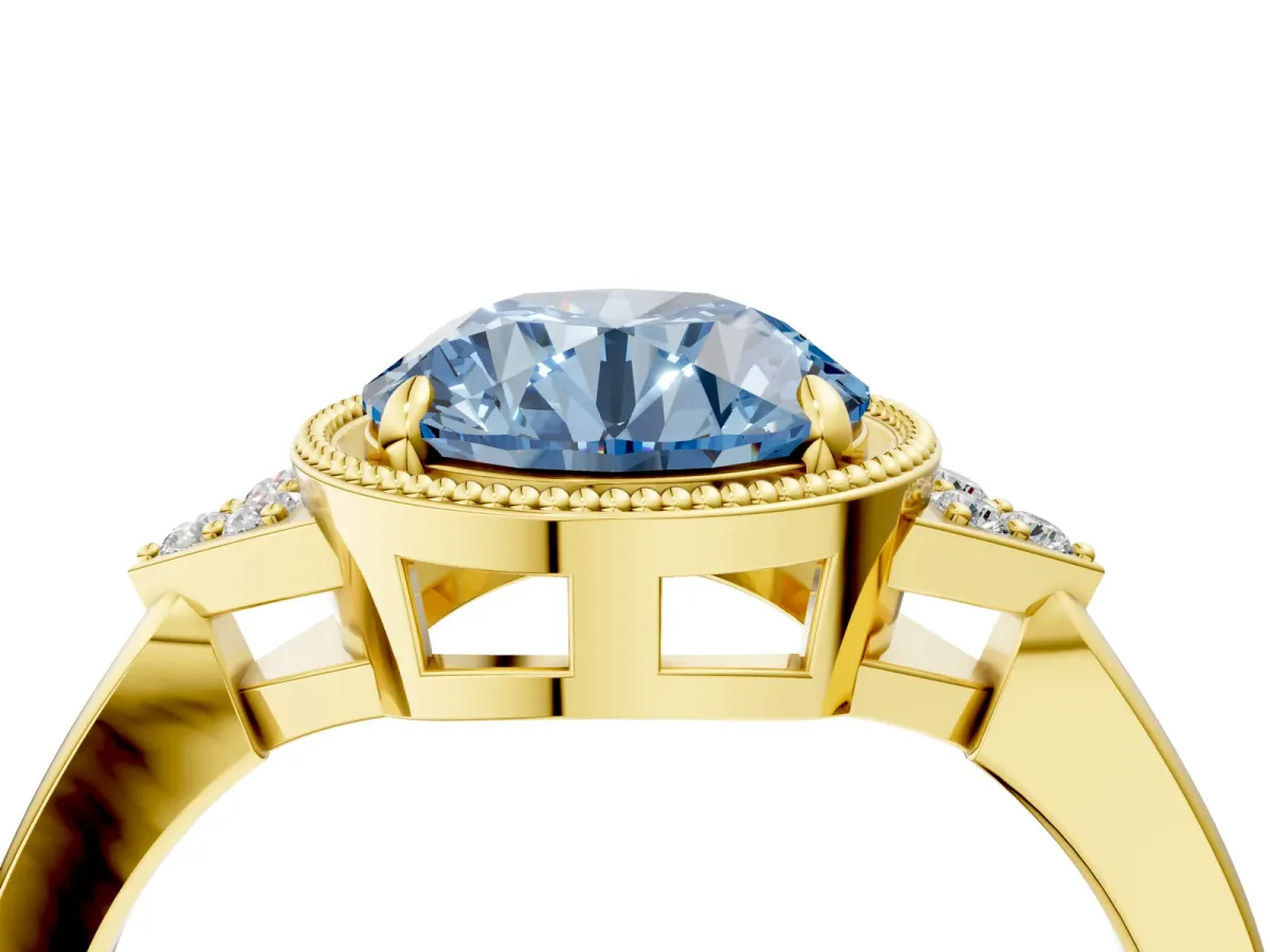 Fancy Blue Milgrain Round Cut Cut Diamond Ring with Tapered Pave Band and Four Prong Setting Yellow gold