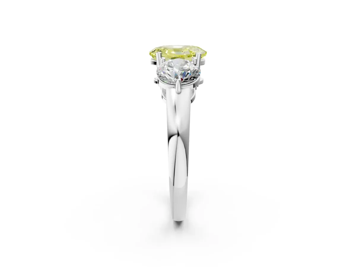 Fancy Yellow Oval Cut Diamond Three-Stone Ring with Prong Setting and Classic Band White gold