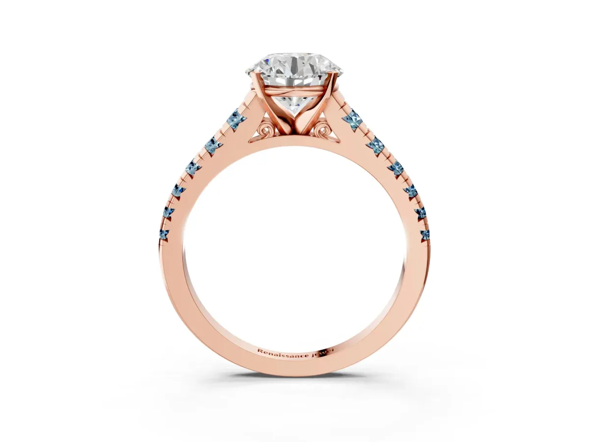 Round Cut Diamond Cathedral Solitaire Ring with Round Aquamarine Pavé Band Rose gold