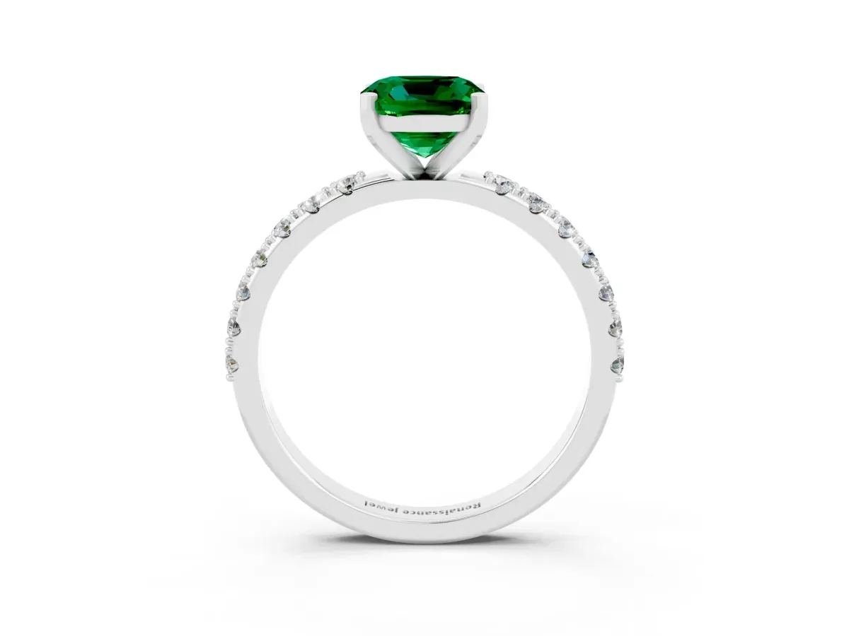 Cushion Cut Emerald Solitaire Pavé Band with Four-Prong Setting Silver
