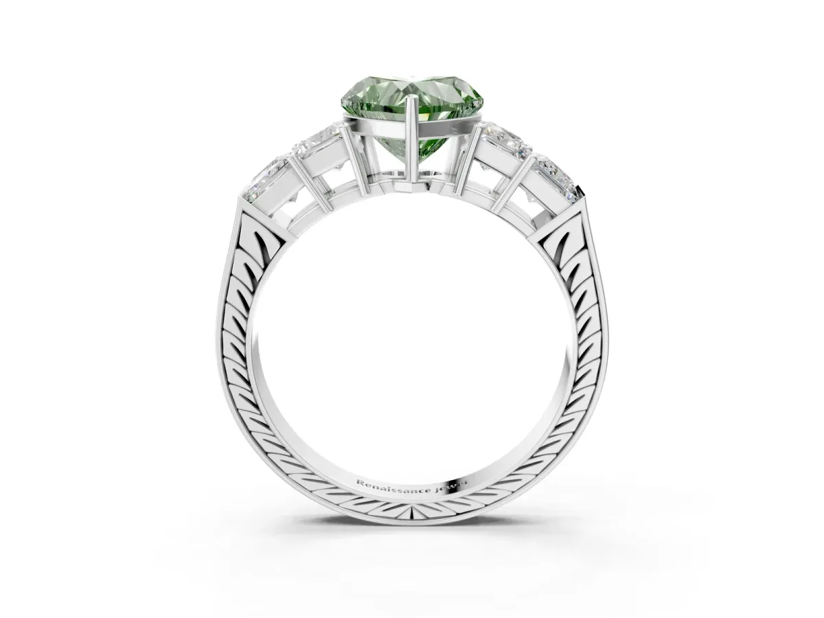 Fancy Green Heart Cut Solitaire Princess Side Stone Engraved Band Prong Setting Ring Silver