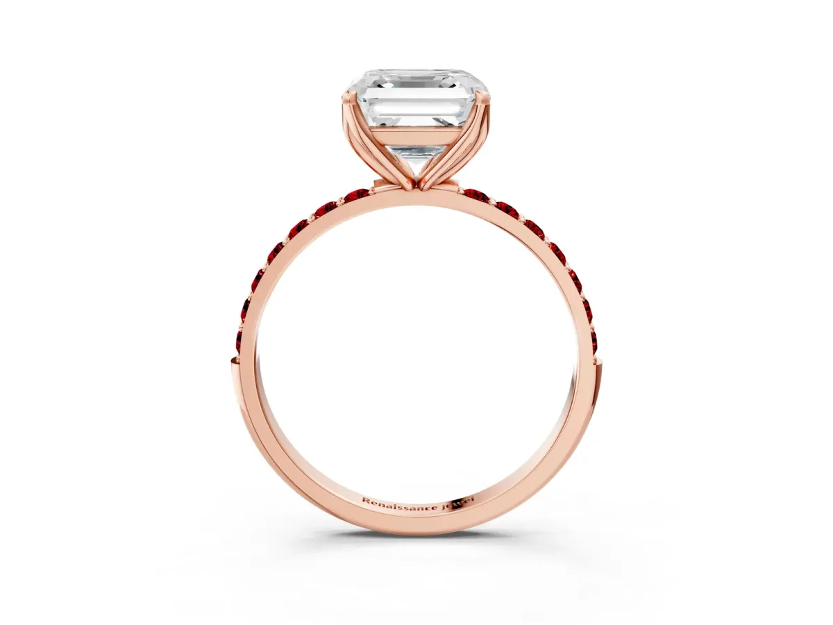 Asscher Cut Diamond Solitaire Engagement Ring with Round Ruby Pavé Band and Prong Setting Rose gold