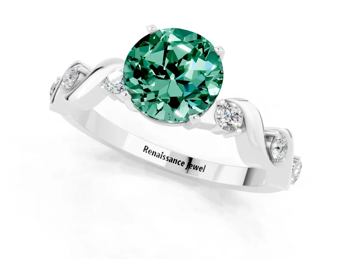 Round Cut Green Sapphire Solitaire Twisted Band with Round Accents and Prong Setting White gold