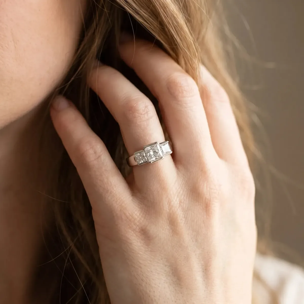 Three Stone Pear Cut Cut Channel Set Diamond Ring Silver