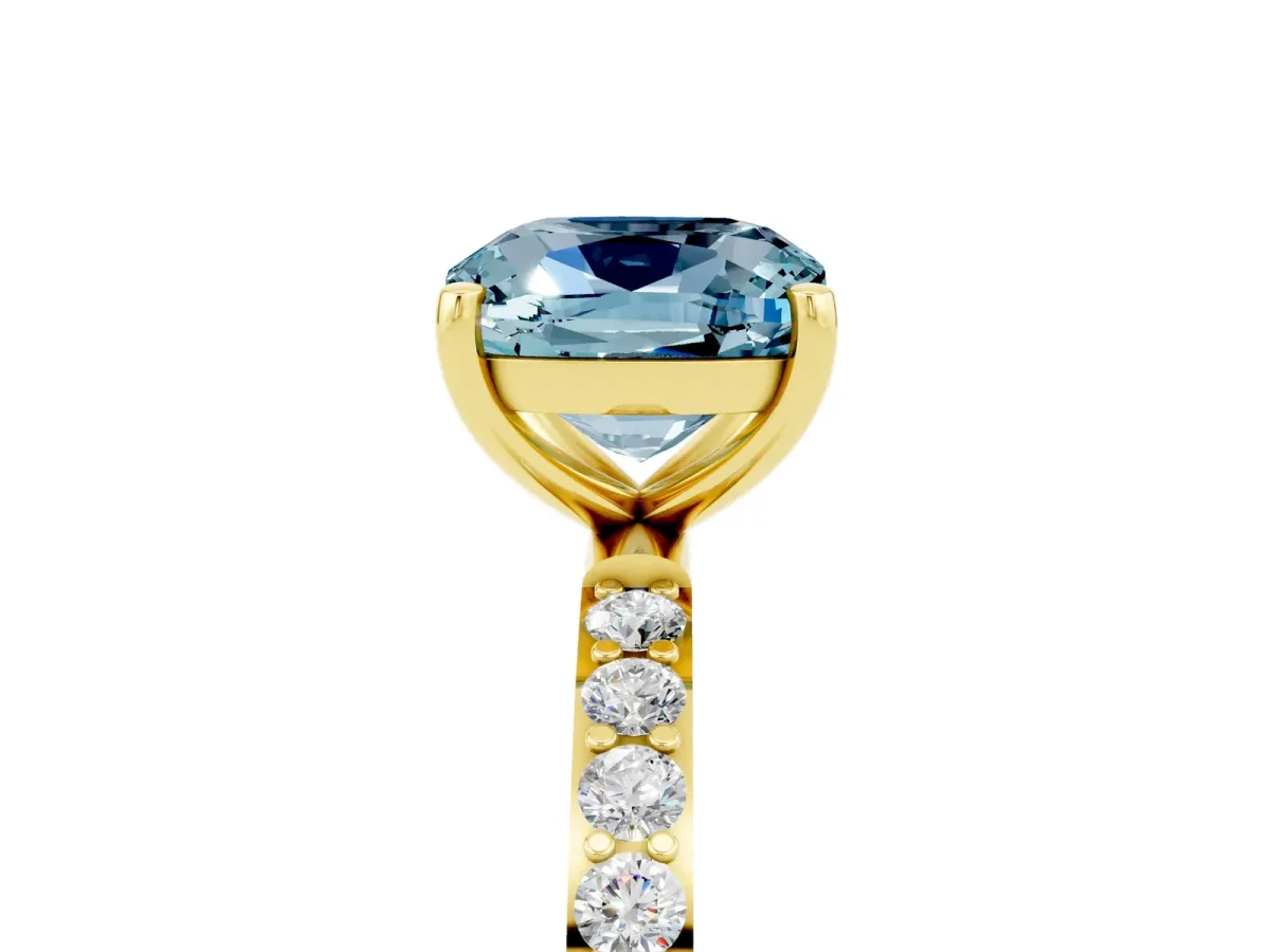 Cushion Cut Aquamarine Solitaire Ring with Round Pavé Band and Prong Setting Yellow gold
