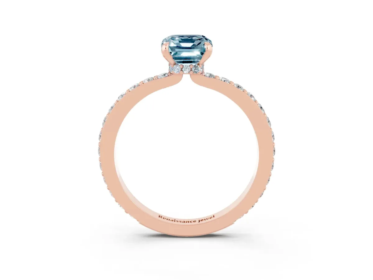 Emerald Cut Aquamarine Solitaire Engagement Ring with Pavé Band and Four-Prong Setting Rose gold