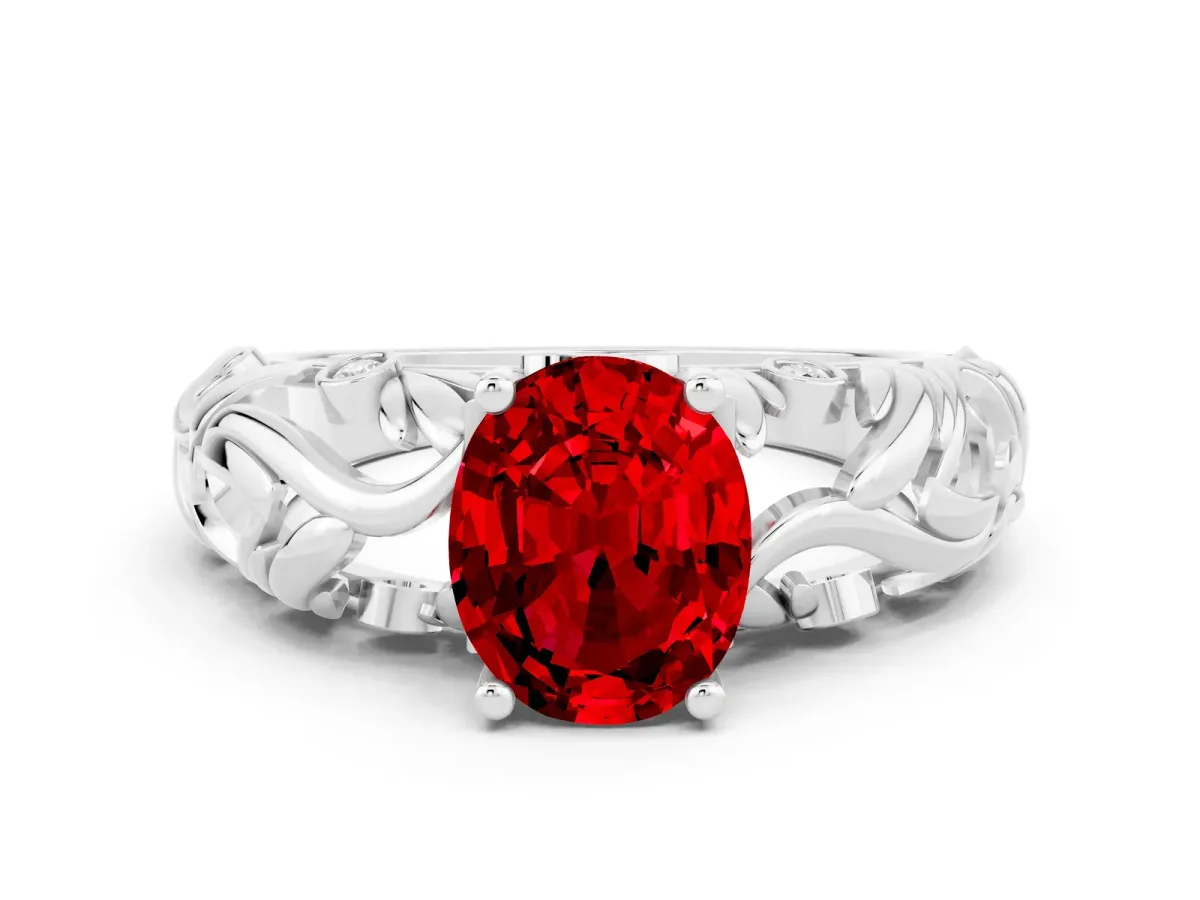 Oval Cut Solitaire Ruby Leaf-Inspired Vine Band Ring with Prong Setting White gold