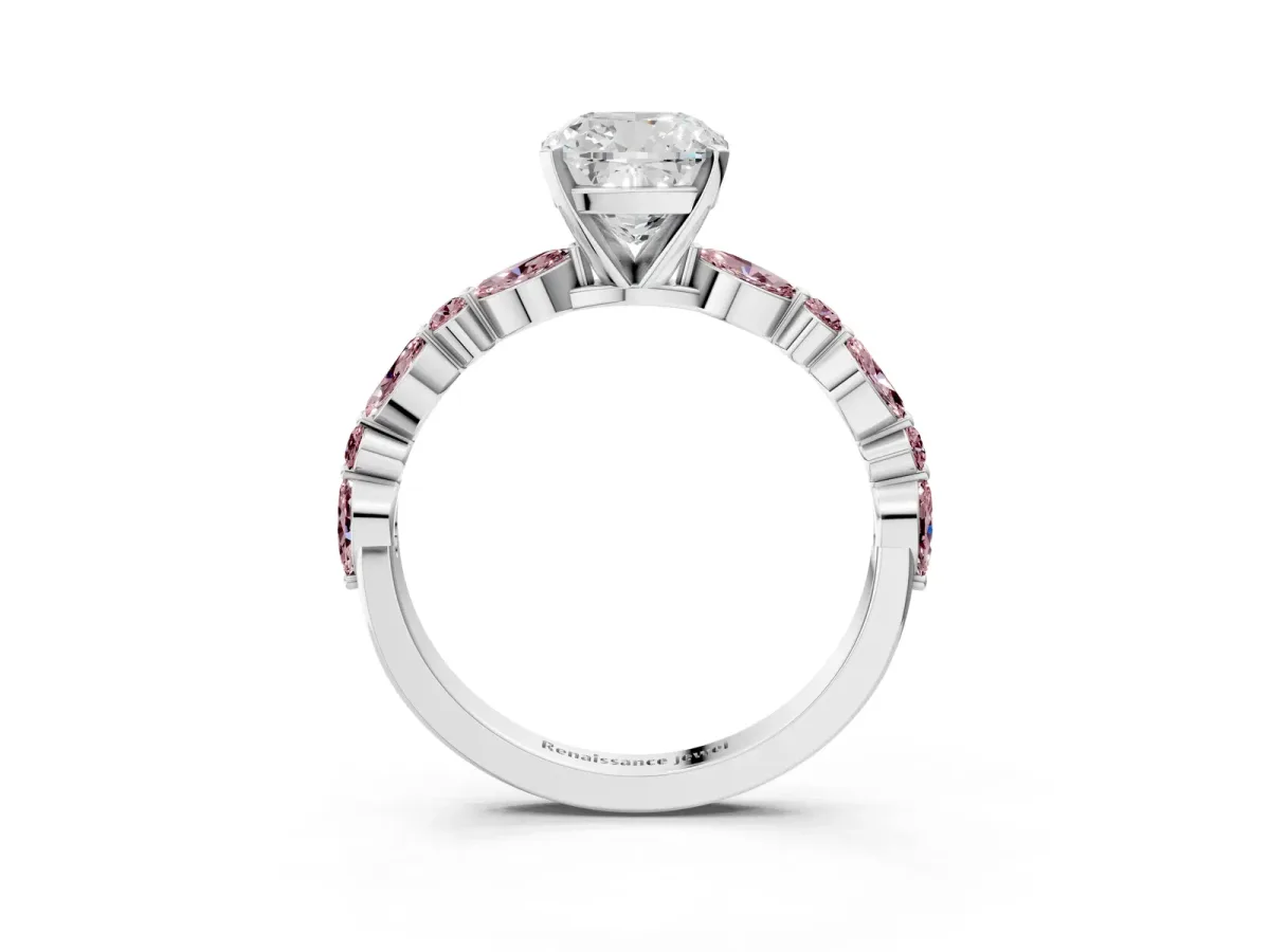 Cushion Cut Diamond Ring with Marquise and Round Morganite Side Stones and Four-Prong Setting White gold