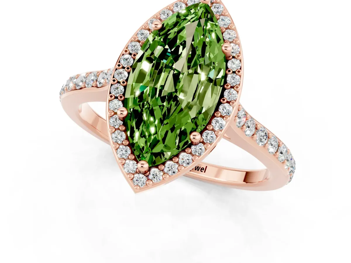 Marquise Cut Peridot Halo Engagement Ring with Round Pavé Shoulders and Prong Setting Rose gold