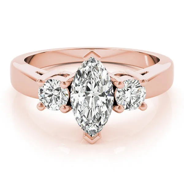 Three-Stone Round Cut Diamond Solitaire with Round Accents and Prong Setting on a Classic Band Rose gold