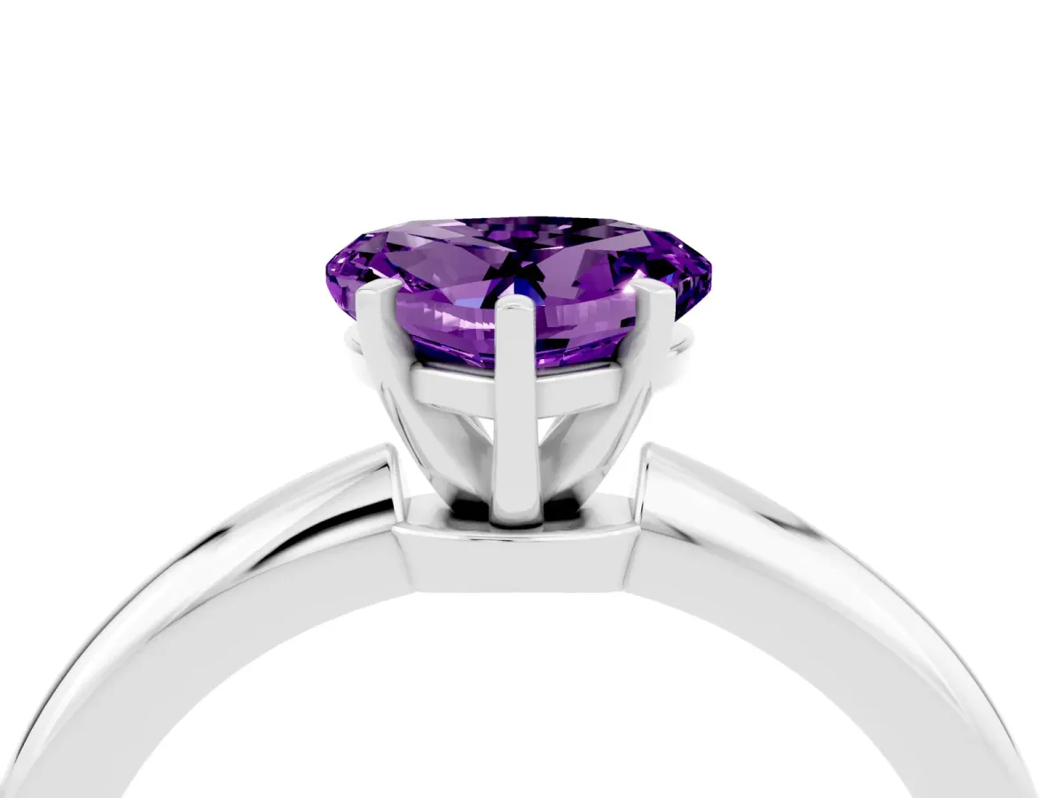 Heart Cut Amethyst Solitaire Ring with Six-Prong Setting and Classic Band Silver