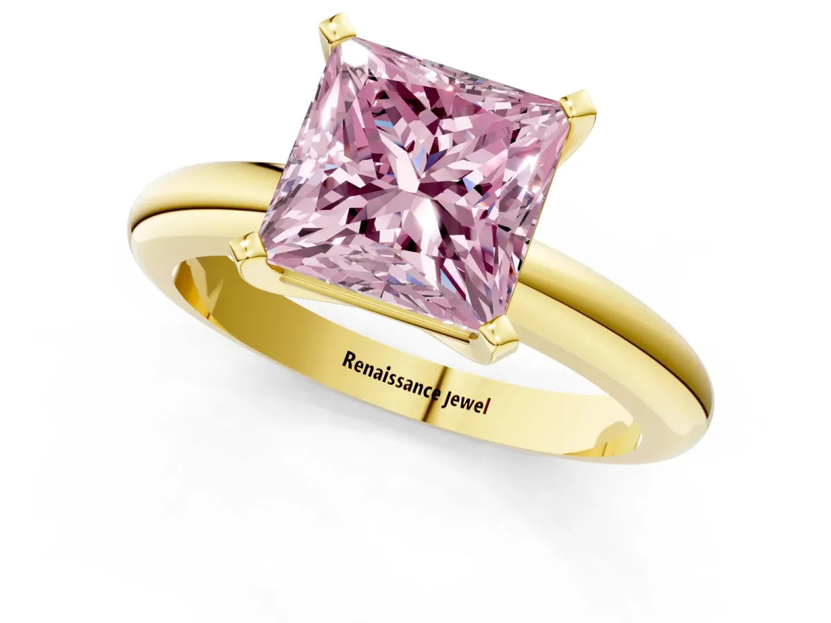 Fancy Pink Princess Cut Diamond Solitaire Engagement Ring with Round Band and Four-Prong Setting Yellow gold