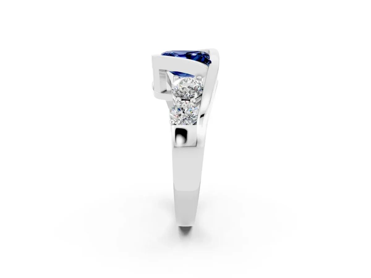 Bezel Set Princess Cut Blue Sapphire Bypass Ring with Round Accents Silver