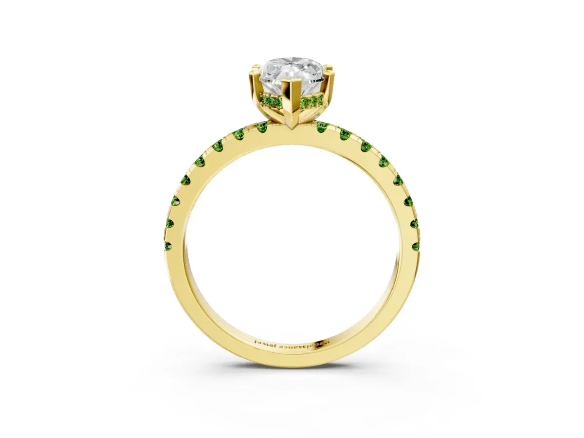 Marquise Cut Diamond Solitaire Ring with Round Peridot Pavé Band and Four-Prong Setting Yellow gold