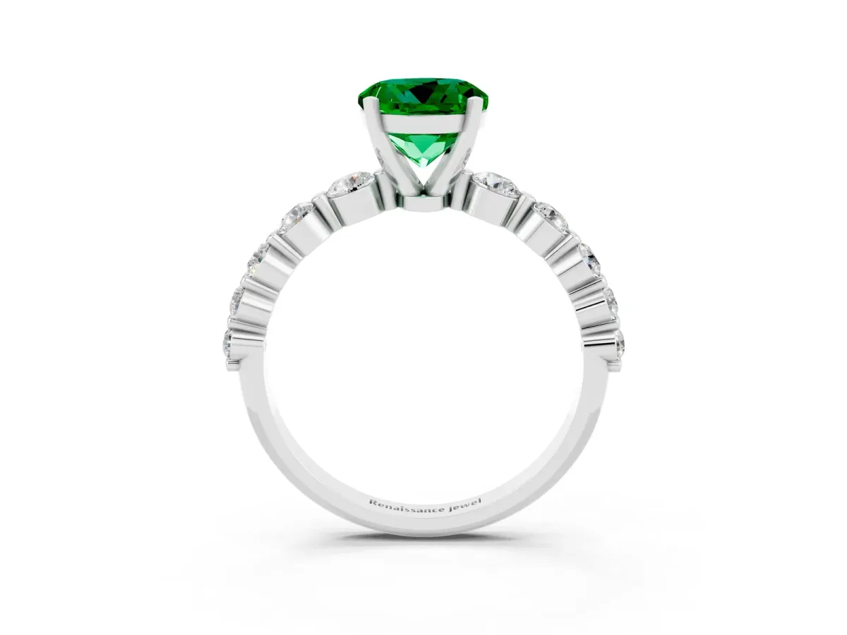 Round Cut Solitaire Emerald Ring with Pave Band and Four-Prong Setting White gold