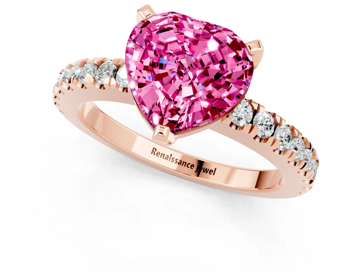 Heart Cut Solitaire Pink Sapphire with Pavé Band and Four-Prong Setting Rose gold