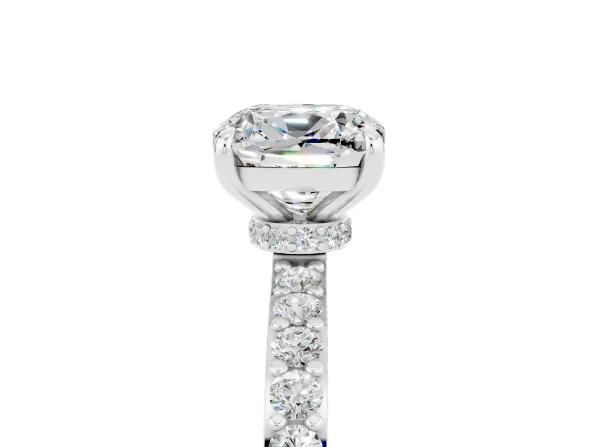 Cushion Cut Moissanite Solitaire Engagement Ring with Pavé Band and Four-Prong Setting White gold