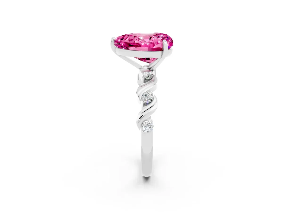 Heart Cut Pink Sapphire Solitaire Twisted Band with Round Accents and Prong Setting Platinum