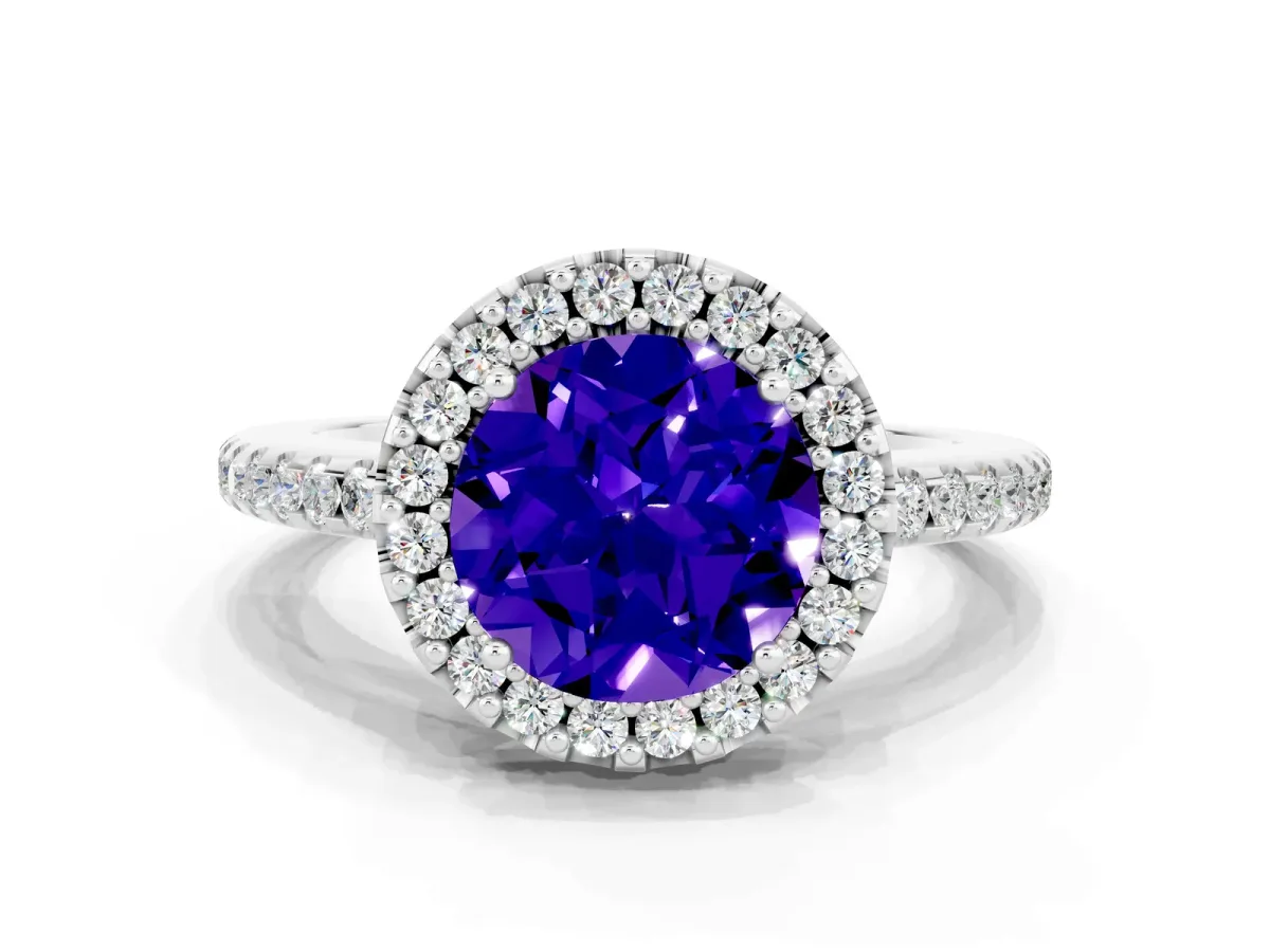 Round Cut Tanzanite Pavé Halo Ring with Four-Prong Setting Platinum