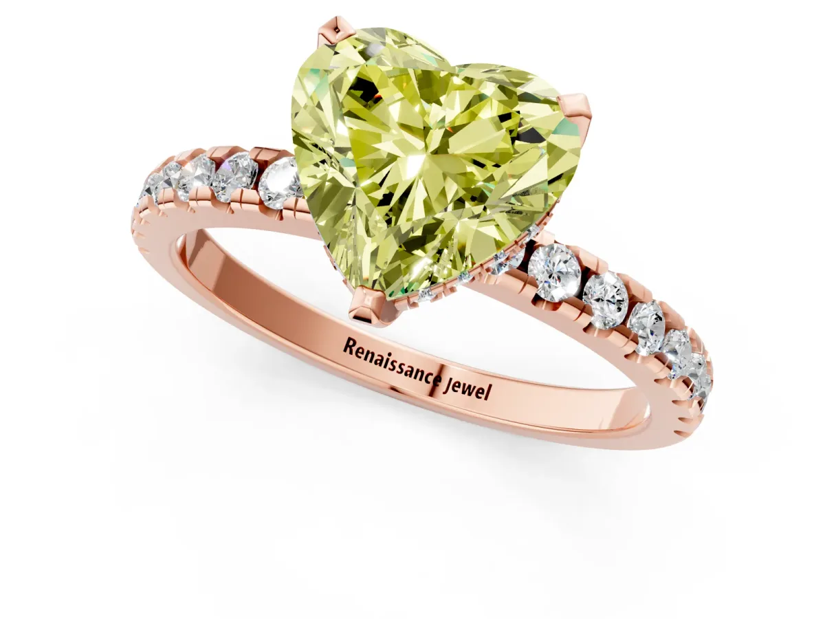Fancy Yellow Heart Cut Diamond Solitaire Ring with Round Pavé Band and Four-Prong Setting Rose gold