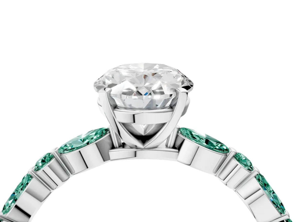 Oval Cut Diamond Ring with Marquise and Round Green Sapphire Side Stones and Four-Prong Setting White gold