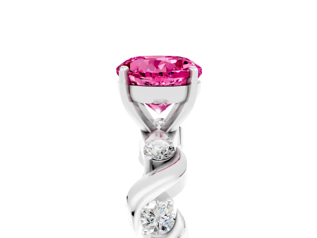 Round Cut Pink Sapphire Solitaire Twisted Band with Round Accents and Prong Setting White gold