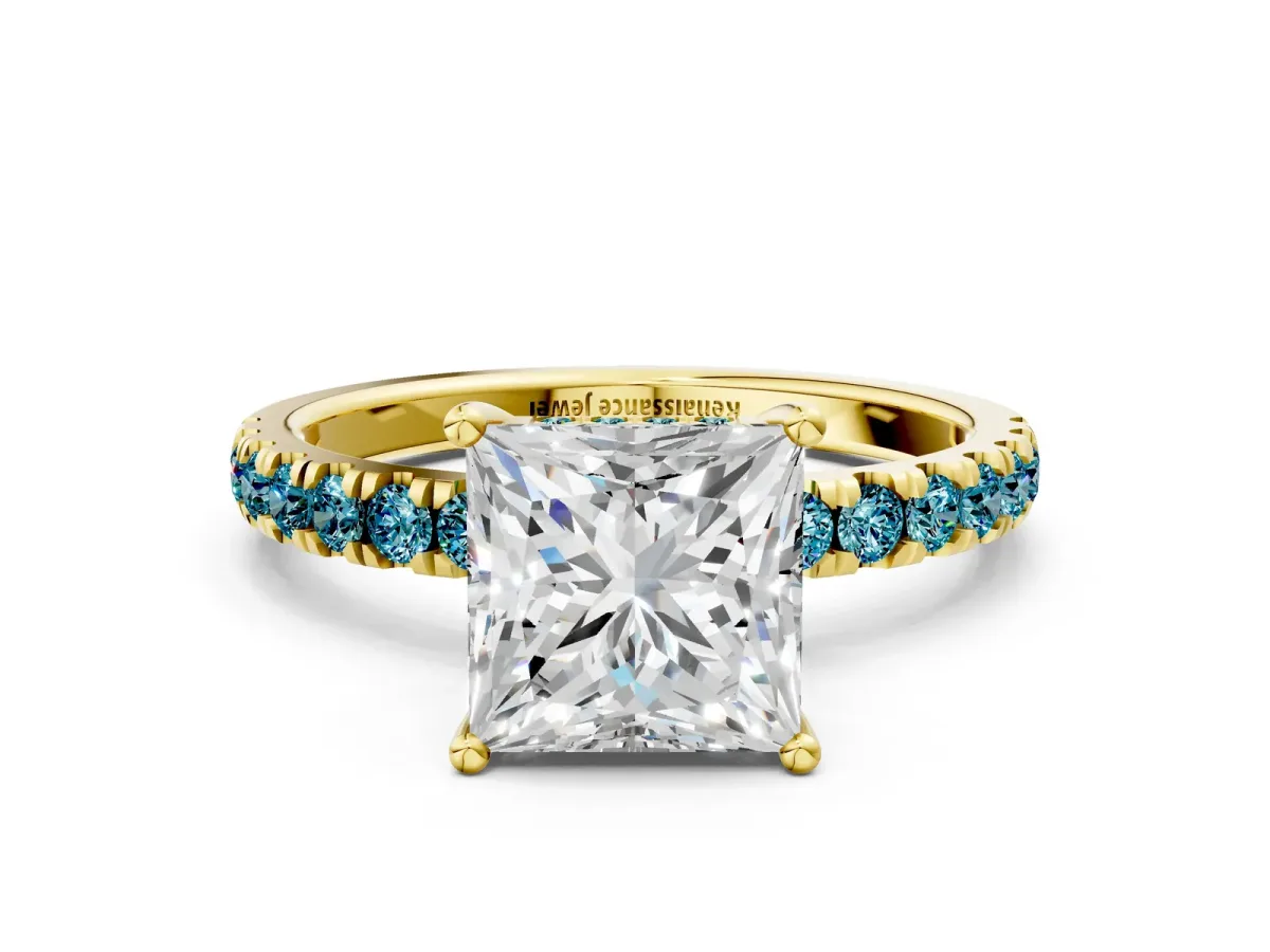 Princess Cut Diamond Pave Band Solitaire Ring with Round Blue Topaz and Prong Setting Yellow gold