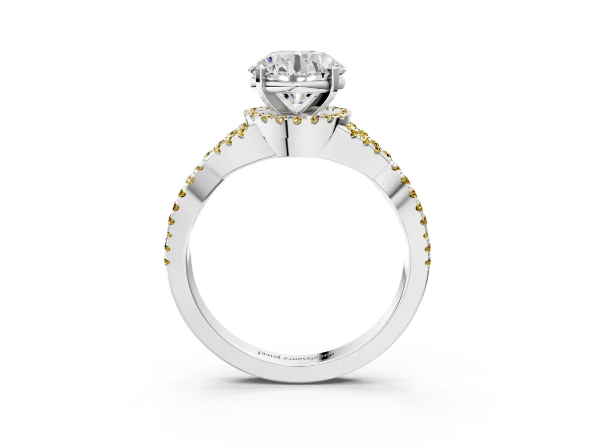 Round Cut Diamond Yellow Sapphire Halo Twist Band Solitaire Prong Setting Ring White gold