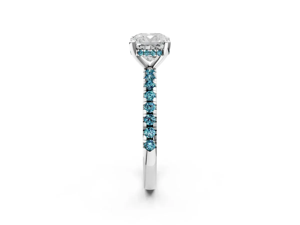 Cushion Cut Diamond Solitaire Ring with Round Blue Topaz Pavé Band and Four-Prong Setting White gold