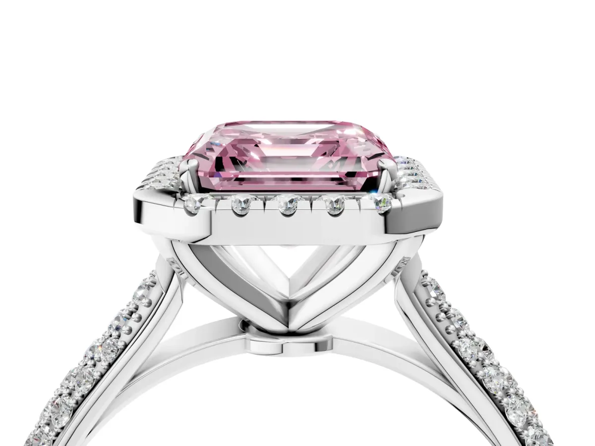 Fancy Pink Asscher Cut Halo Diamond Ring with Pavé Band Platinum