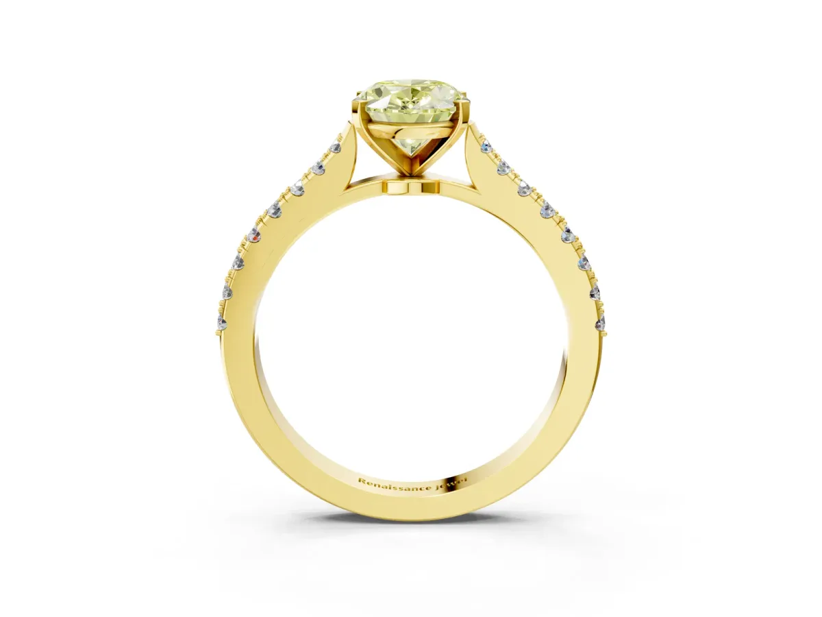 Fancy Yellow Oval Cut Cut Solitaire Diamond Engagement Ring with Pave Band and Four-Prong Setting Yellow gold