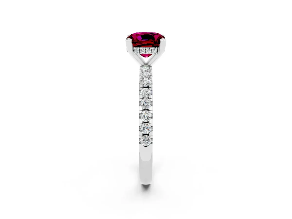 Cushion Cut Garnet Solitaire Ring with Round Pavé Band and Four-Prong Setting Silver