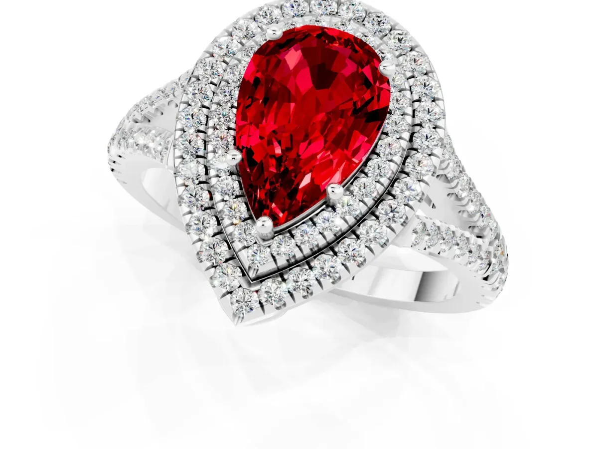 Pear Cut Ruby Double Halo Ring with Pavé Band and Prong Setting Silver