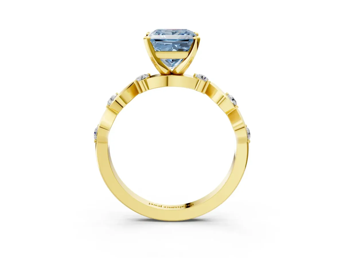 Fancy Blue Princess Cut Diamond Solitaire Twisted Band with Round Accents and Prong Setting Yellow gold