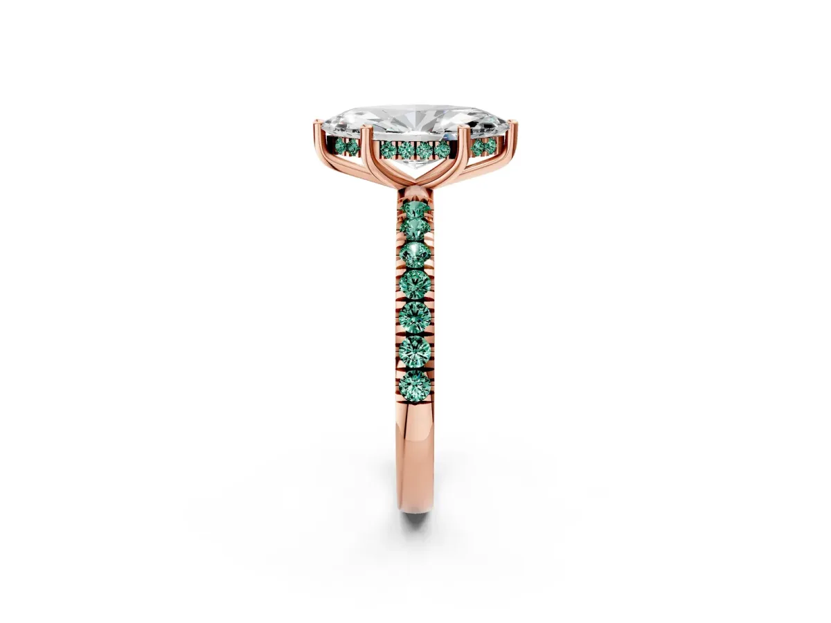 Marquise Cut Diamond Pave Band Solitaire Ring with Round Green Sapphire and Prong Setting Rose gold