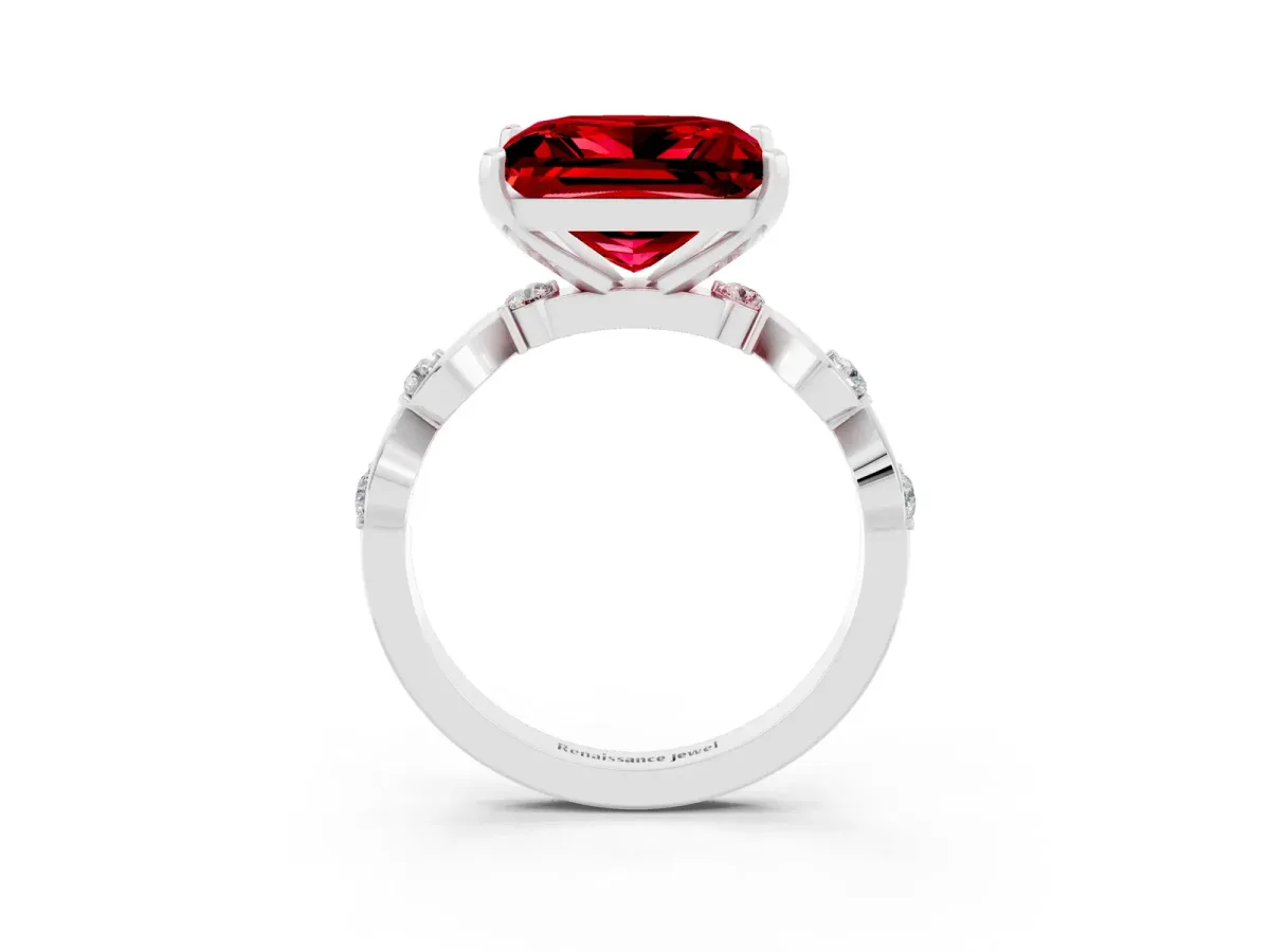 Princess Cut Ruby Solitaire Twisted Band with Round Accents and Prong Setting White gold