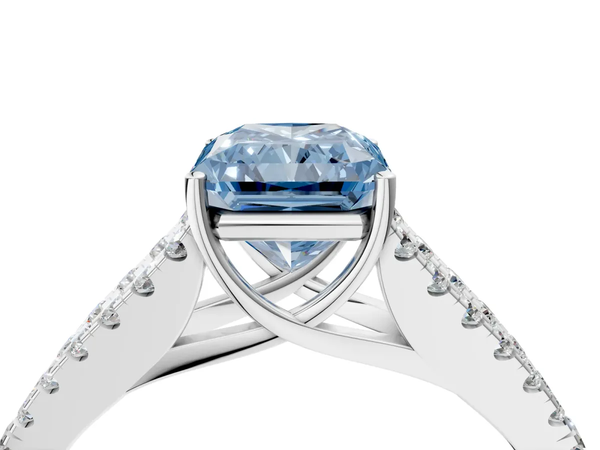 Fancy Blue Radiant Cut Diamond Split Shank Engagement Ring with Round Pavé and Prong Setting Platinum