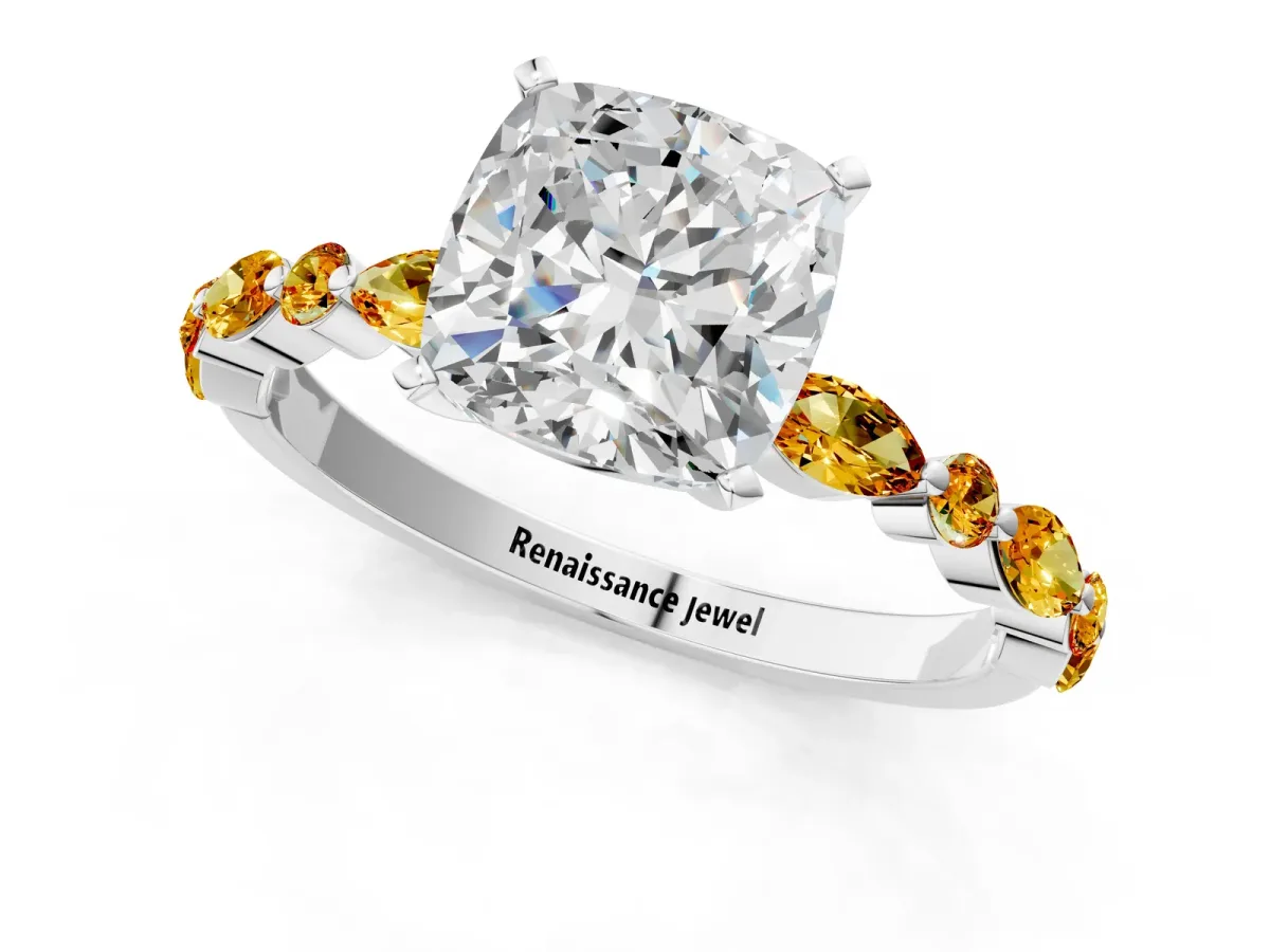 Cushion Cut Diamond Ring with Marquise and Round Citrine Side Stones and Four-Prong Setting White gold