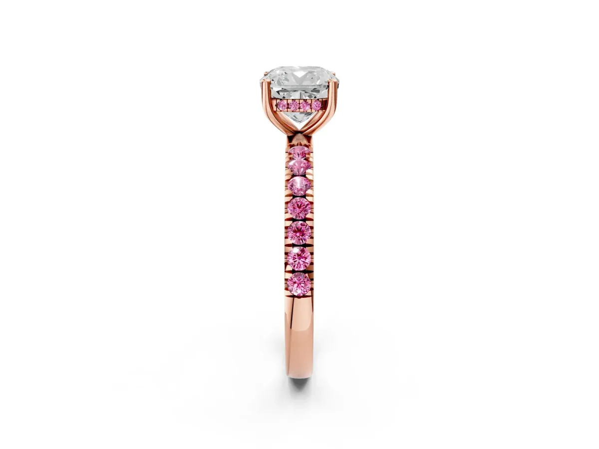 Cushion Cut Diamond Pave Band Solitaire Ring with Round Pink Sapphire and Prong Setting Rose gold